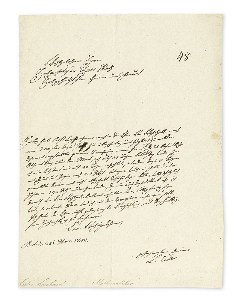 (SCIENTISTS.) EULER, LEONHARD. Autograph Letter Signed, L. Euler, to Secretary of the Saint Petersburg Academy of Sciences Johann Dan